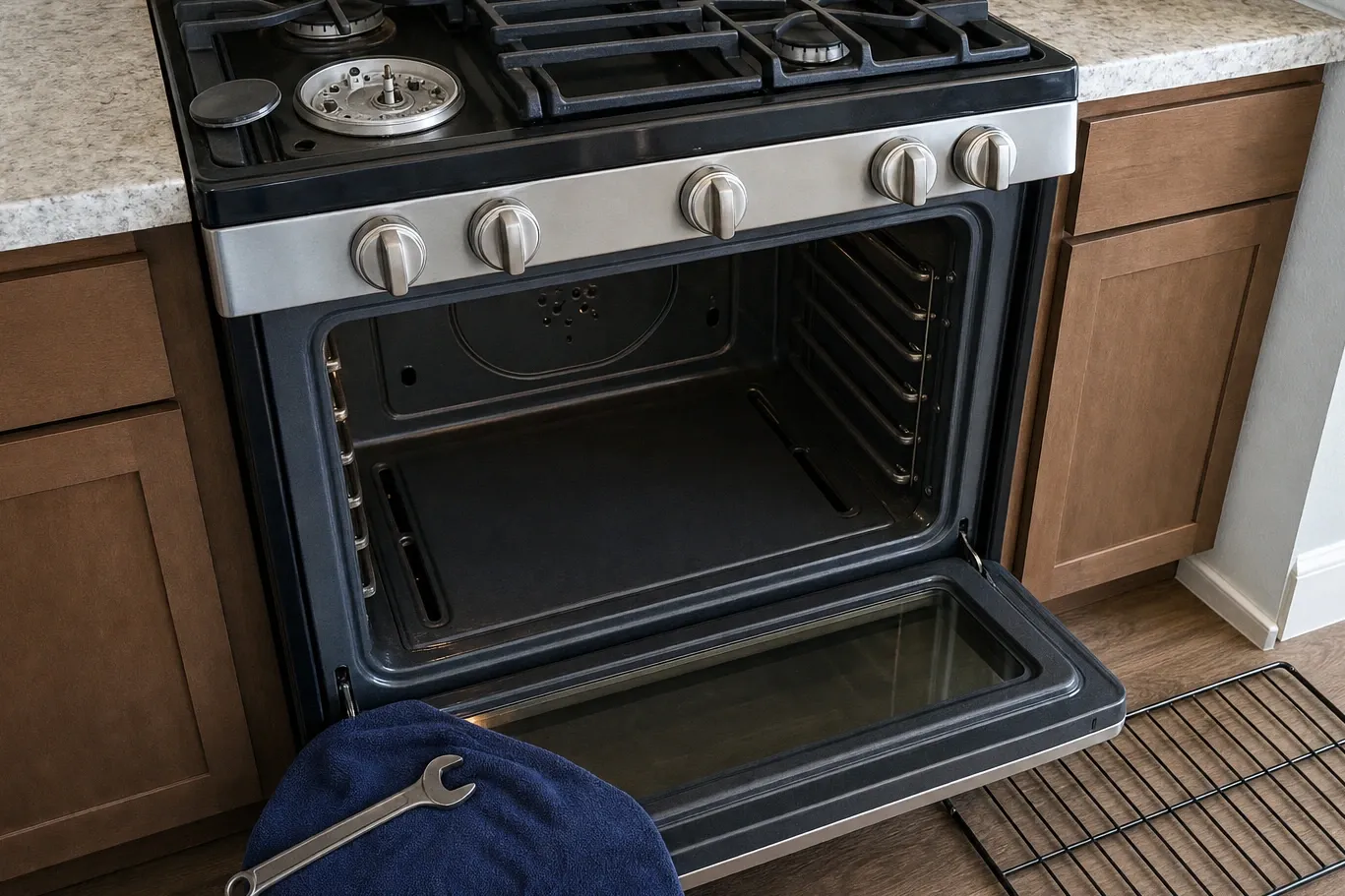 Range oven door lowered flat on an empty enamel cavity, rack rails bare and one shelf on the floor