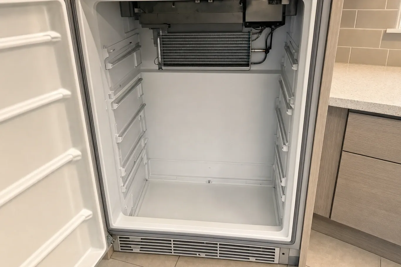Built-in refrigerator standing open with the upper cover off, exposing the evaporator coil and its wiring